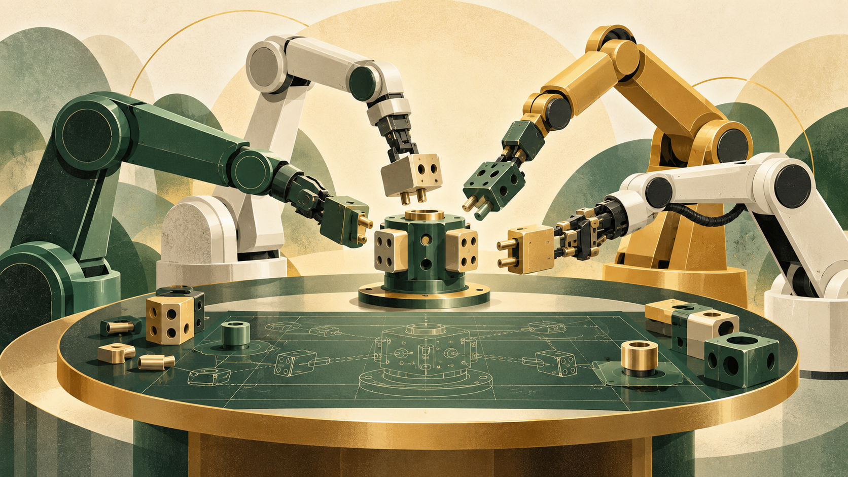 多支機械手臂圍繞共同接頭與設計圖協作，象徵機器人規格合作；AI 生成示意圖。